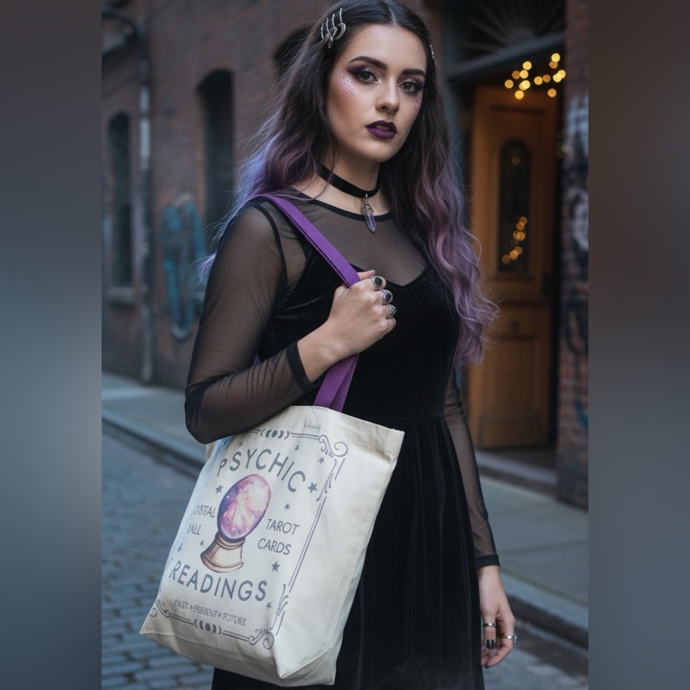 Psychic Readings Cream Tote Bag with Purple Handles
